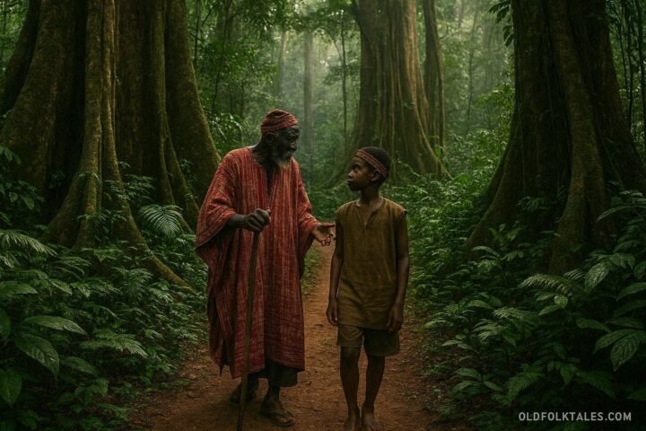 A Bakossi elder guiding a young villager through a sacred rainforest in southwest Cameroon.