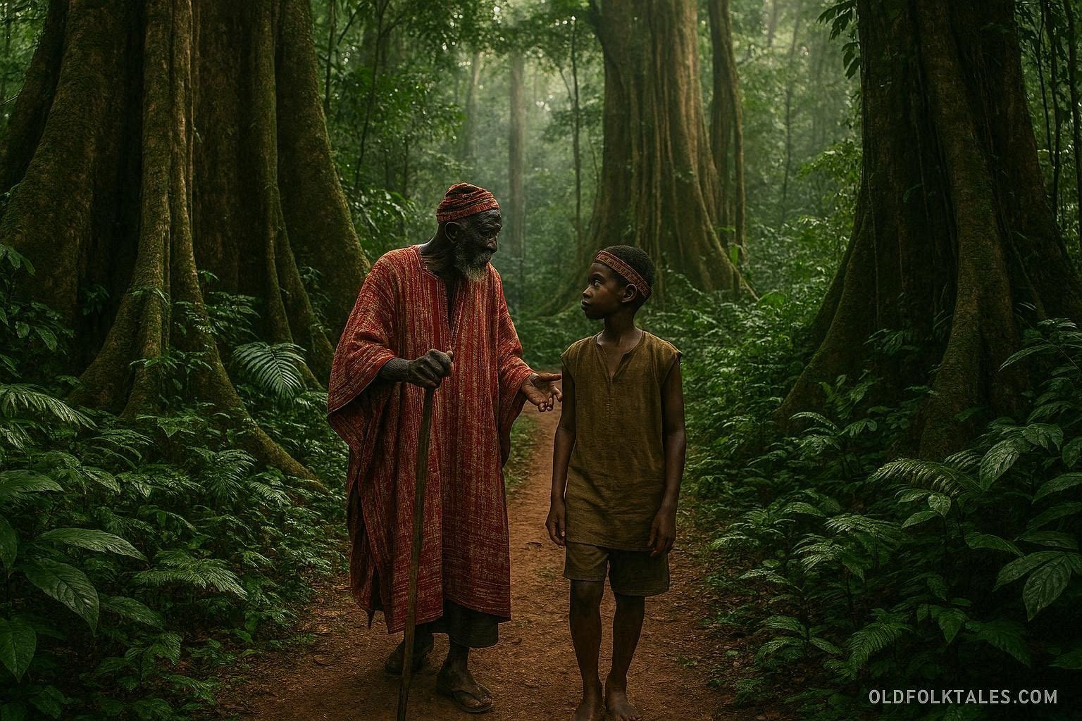 A Bakossi elder guiding a young villager through a sacred rainforest in southwest Cameroon.