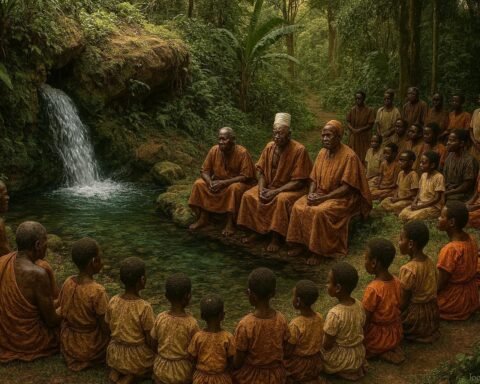 Banyoro elders performing a traditional ritual at the Sacred Springs of Mparo as families gather beside the clear waters in a place of ancestry, heritage, and spiritual significance.