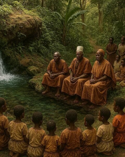 Banyoro elders performing a traditional ritual at the Sacred Springs of Mparo as families gather beside the clear waters in a place of ancestry, heritage, and spiritual significance.