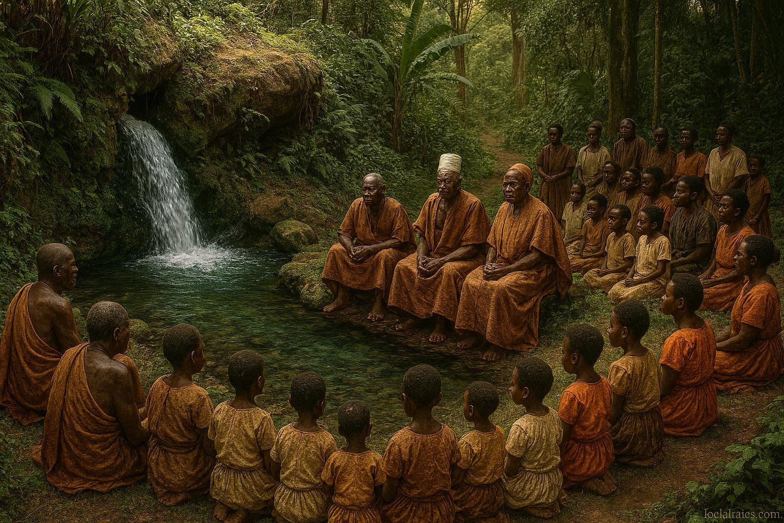 Banyoro elders performing a traditional ritual at the Sacred Springs of Mparo as families gather beside the clear waters in a place of ancestry, heritage, and spiritual significance.