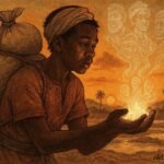 A young salt trader from Awe holding glowing salt crystals that preserve ancestral voices and forgotten memories.