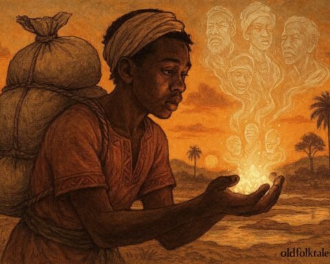 A young salt trader from Awe holding glowing salt crystals that preserve ancestral voices and forgotten memories.