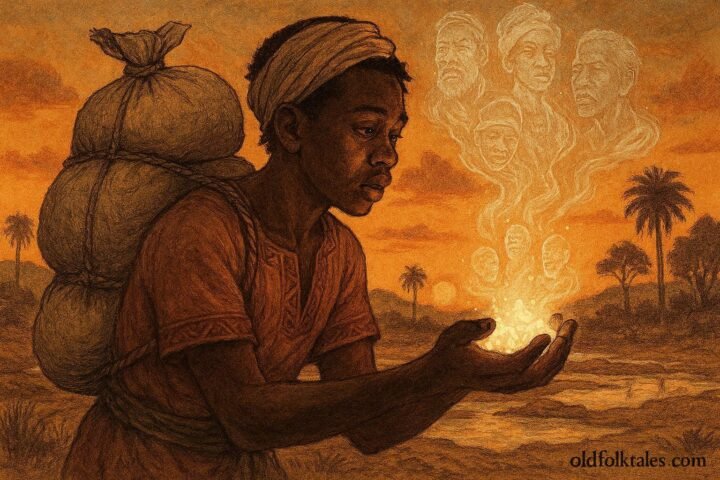 A young salt trader from Awe holding glowing salt crystals that preserve ancestral voices and forgotten memories.