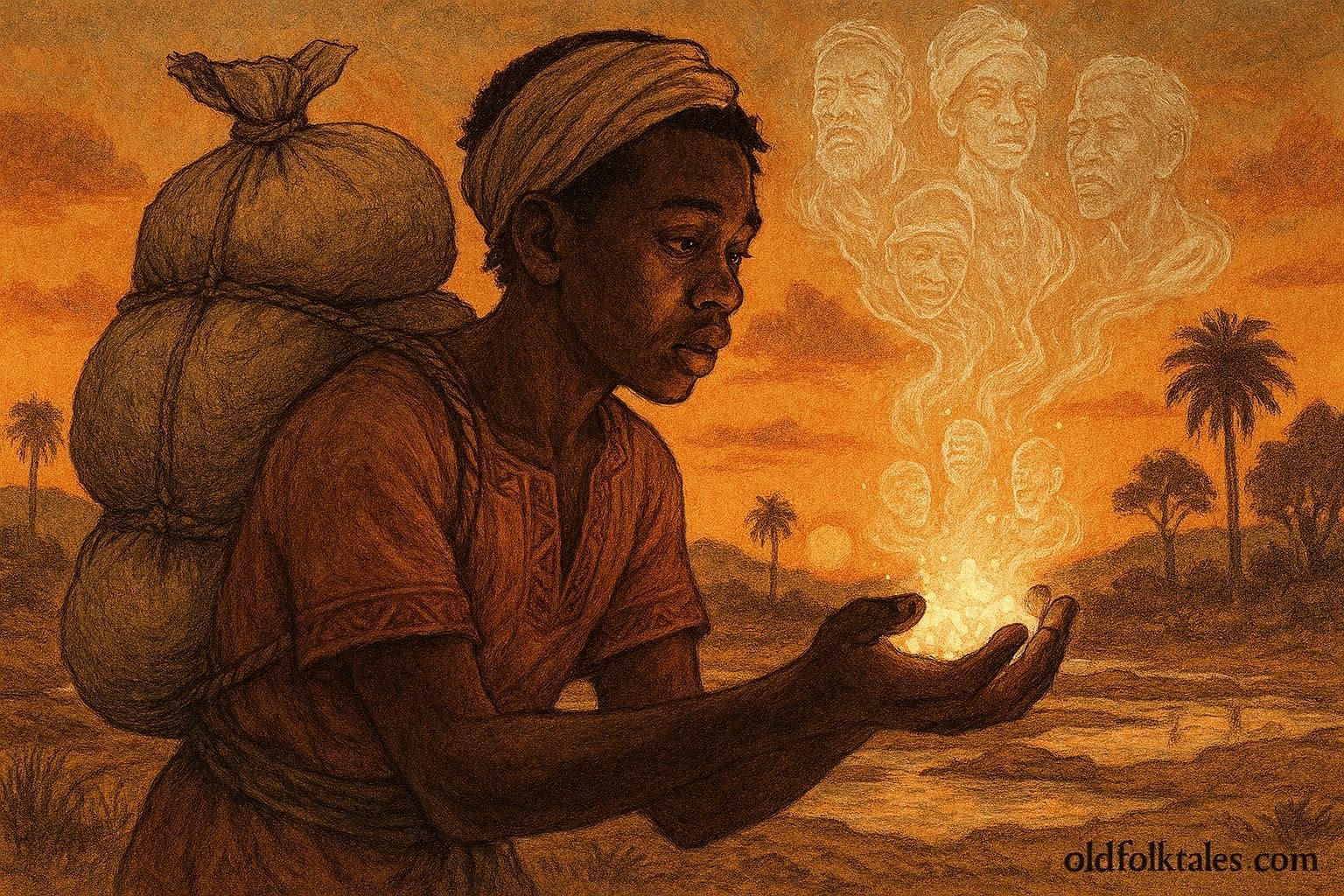 A young salt trader from Awe holding glowing salt crystals that preserve ancestral voices and forgotten memories.