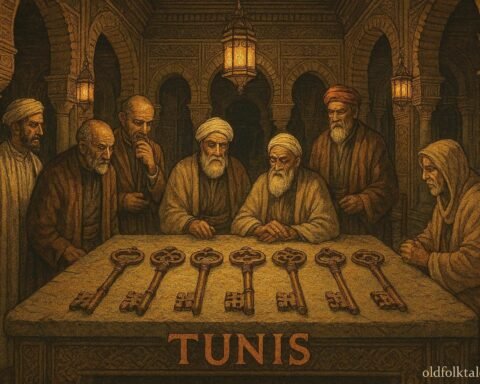 Seven ancient symbolic keys displayed in a historic hall as scholars and elders discuss leadership and justice.