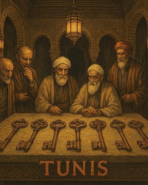 Seven ancient symbolic keys displayed in a historic hall as scholars and elders discuss leadership and justice.