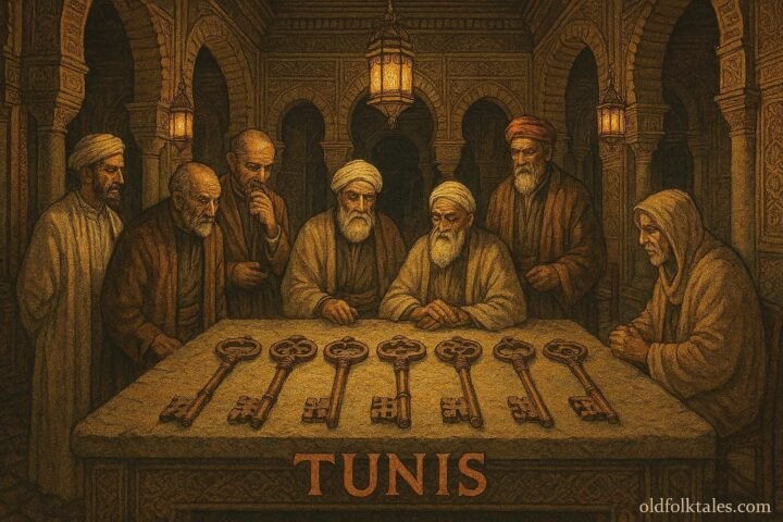 Seven ancient symbolic keys displayed in a historic hall as scholars and elders discuss leadership and justice.