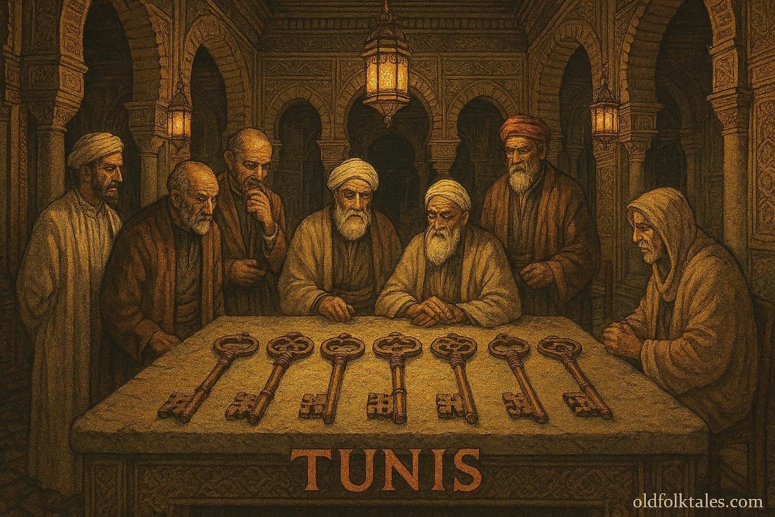 Seven ancient symbolic keys displayed in a historic hall as scholars and elders discuss leadership and justice.