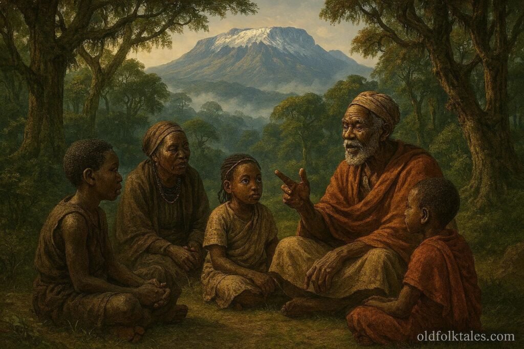 Bagisu and Sabiny elders sharing ancestral stories on the forested slopes of Mount Elgon.