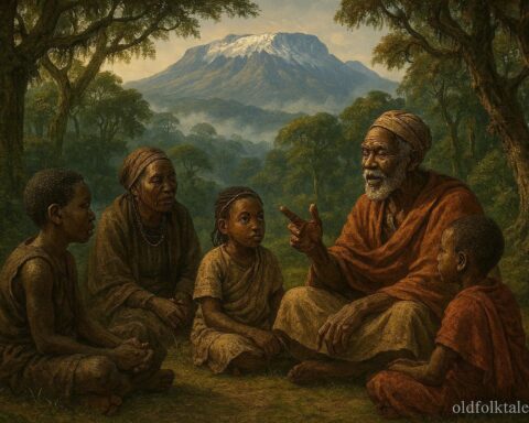 Bagisu and Sabiny elders sharing ancestral stories on the forested slopes of Mount Elgon.