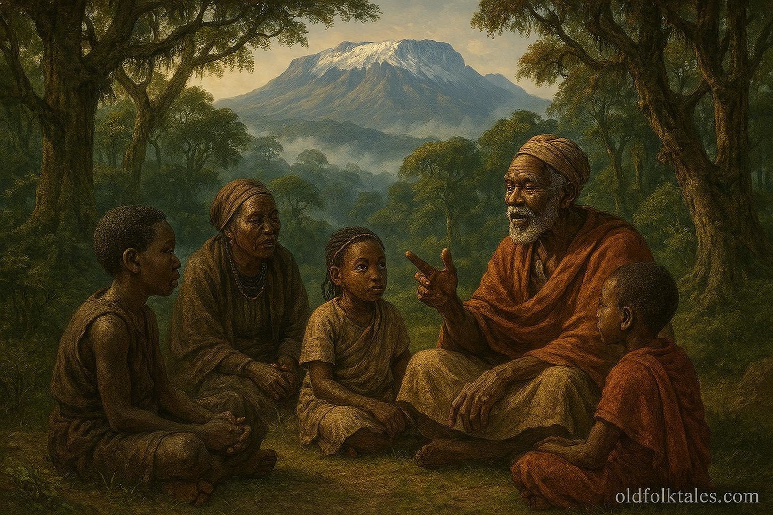 Bagisu and Sabiny elders sharing ancestral stories on the forested slopes of Mount Elgon.