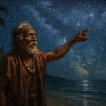 An elderly navigator studying the stars above Agaléga Island to guide and protect his community.