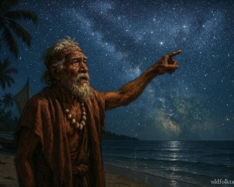 An elderly navigator studying the stars above Agaléga Island to guide and protect his community.