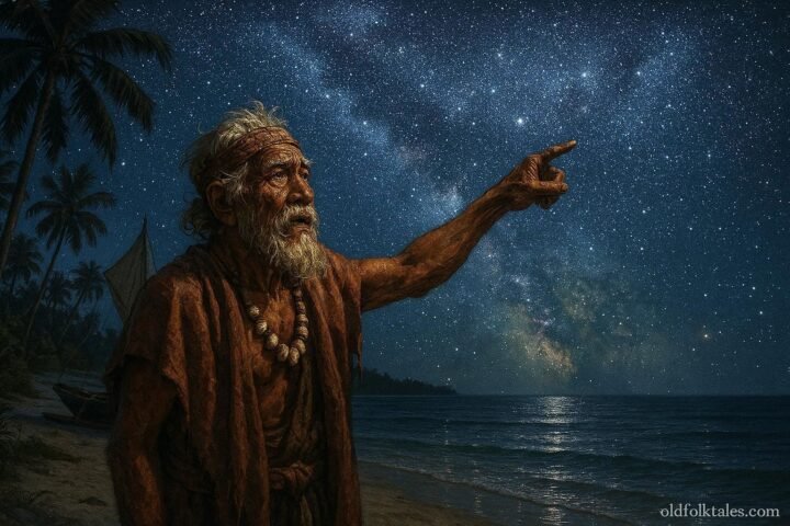 An elderly navigator studying the stars above Agaléga Island to guide and protect his community.