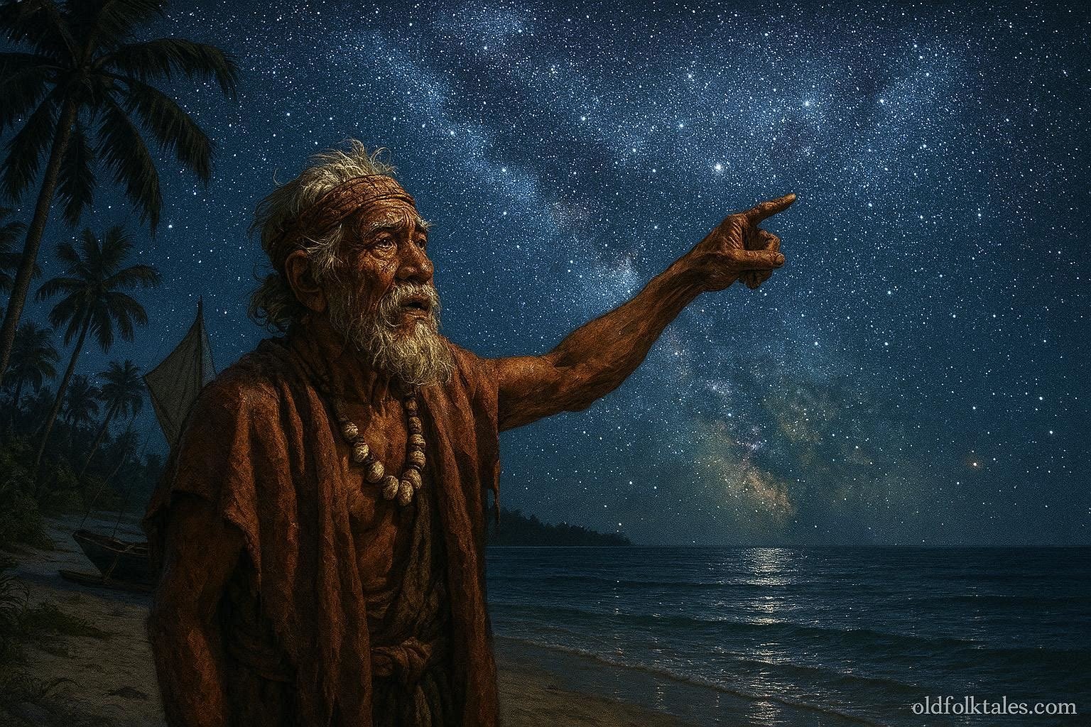An elderly navigator studying the stars above Agaléga Island to guide and protect his community.