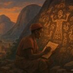 A young Yoruba scribe examining mysterious symbols carved into ancient stones on the Idanre Hills.