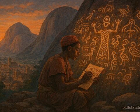 A young Yoruba scribe examining mysterious symbols carved into ancient stones on the Idanre Hills.