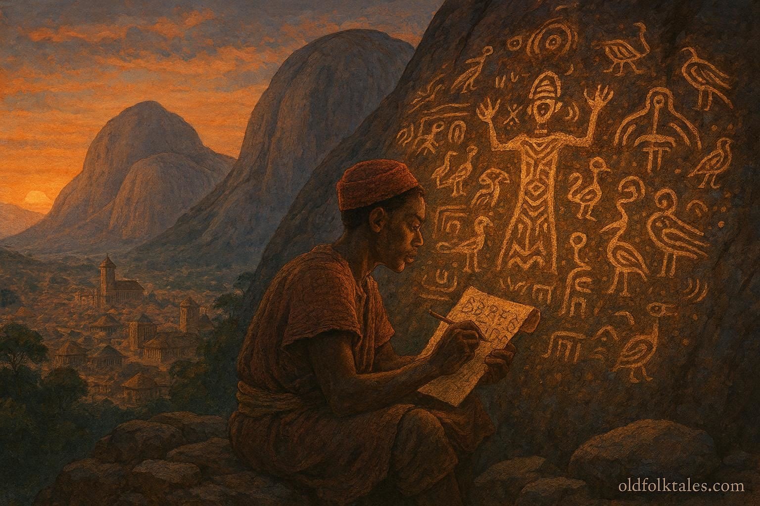 A young Yoruba scribe examining mysterious symbols carved into ancient stones on the Idanre Hills.