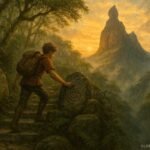 A young explorer climbing an ancient stone path on Pieter Both Mountain while discovering ancestral lessons carved into stone.