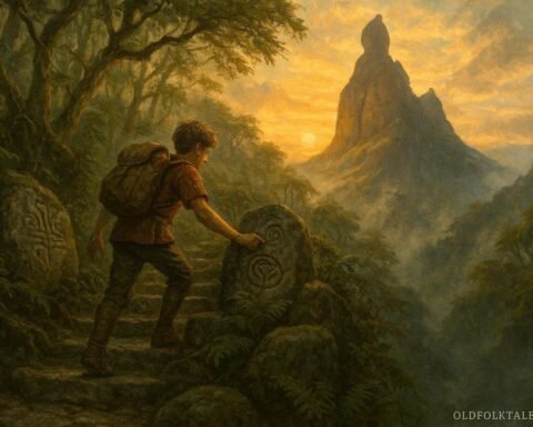 A young explorer climbing an ancient stone path on Pieter Both Mountain while discovering ancestral lessons carved into stone.