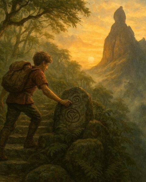 A young explorer climbing an ancient stone path on Pieter Both Mountain while discovering ancestral lessons carved into stone.