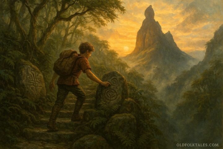 A young explorer climbing an ancient stone path on Pieter Both Mountain while discovering ancestral lessons carved into stone.