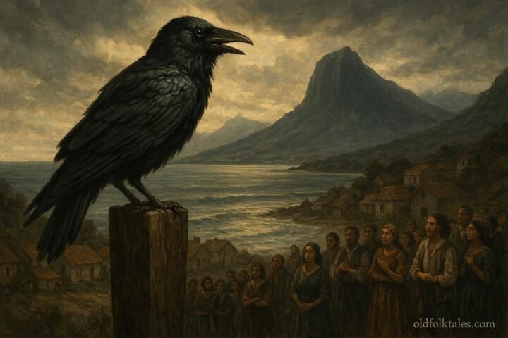 A mysterious talking raven warning villagers in Black River, Mauritius, about the dangers of greed and selfishness.