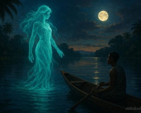 A mysterious glowing water spirit appearing before a fisherman on Oguta Lake in southeastern Nigeria.