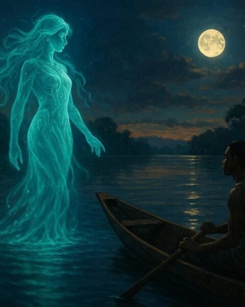 A mysterious glowing water spirit appearing before a fisherman on Oguta Lake in southeastern Nigeria.