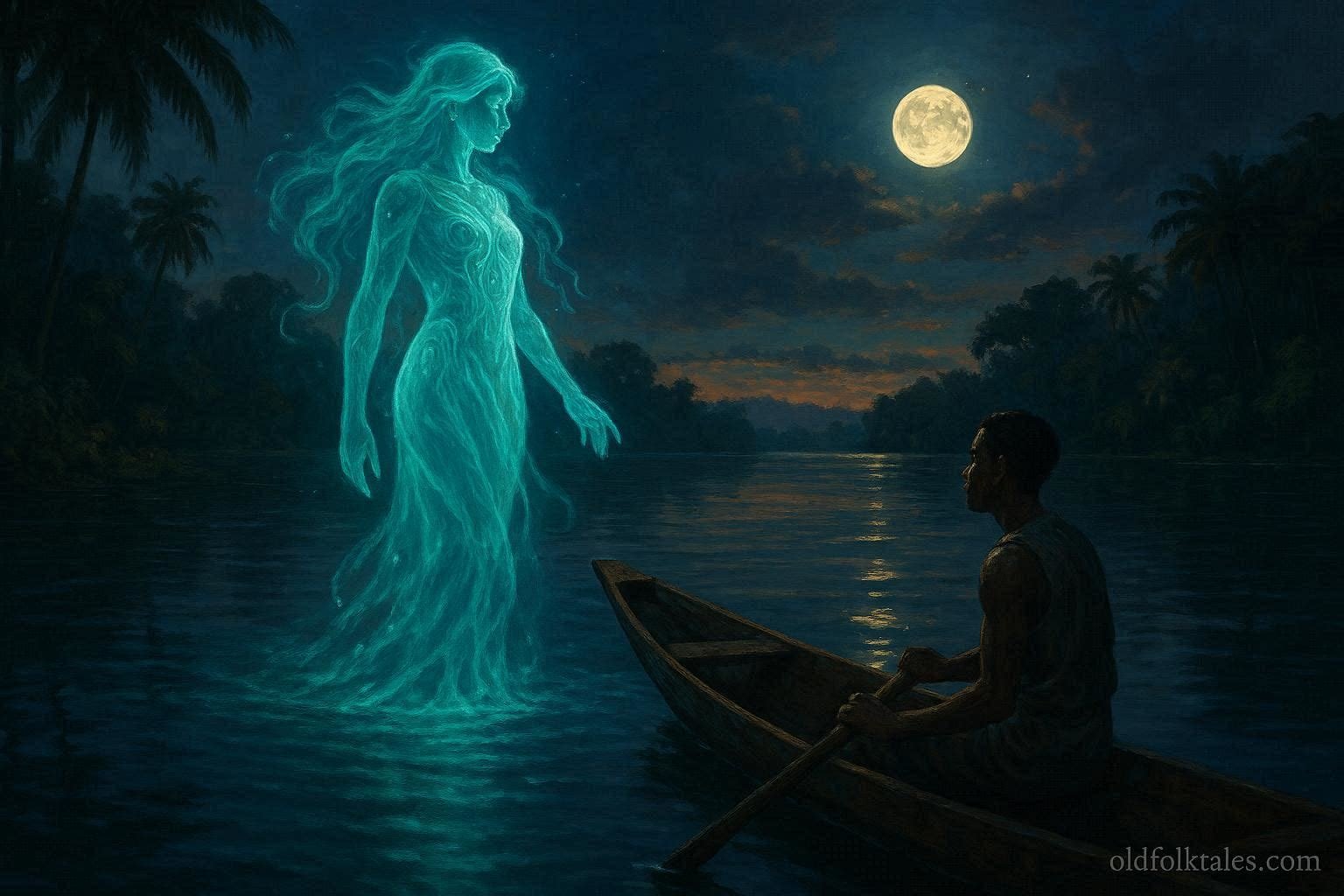 A mysterious glowing water spirit appearing before a fisherman on Oguta Lake in southeastern Nigeria.