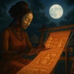 A Punu woman weaving a magical moonlit cloth that reveals ancestral histories