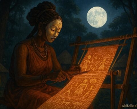 A Punu woman weaving a magical moonlit cloth that reveals ancestral histories