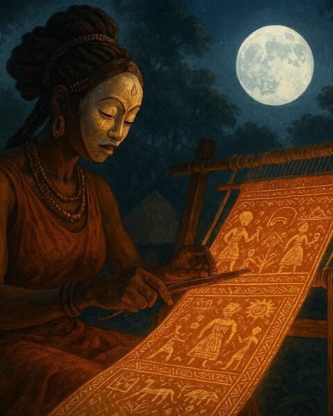 A Punu woman weaving a magical moonlit cloth that reveals ancestral histories