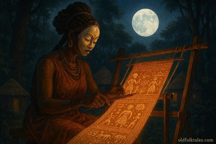 A Punu woman weaving a magical moonlit cloth that reveals ancestral histories