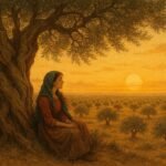An ancient olive tree in Sfax with a young woman sitting beneath its branches seeking wisdom and guidance.