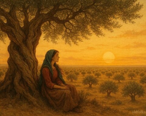 An ancient olive tree in Sfax with a young woman sitting beneath its branches seeking wisdom and guidance.