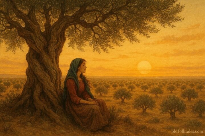 An ancient olive tree in Sfax with a young woman sitting beneath its branches seeking wisdom and guidance.