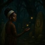 A young woman following glowing fireflies through the Gabon rainforest toward a hidden ancestral grove