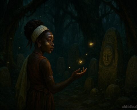 A young woman following glowing fireflies through the Gabon rainforest toward a hidden ancestral grove