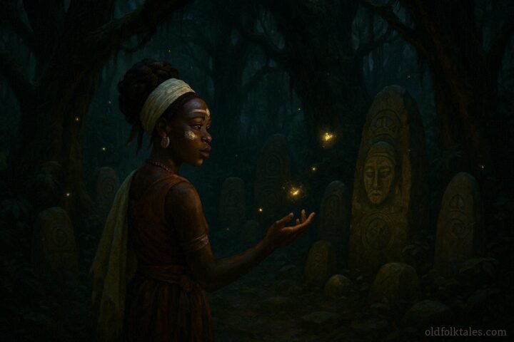 A young woman following glowing fireflies through the Gabon rainforest toward a hidden ancestral grove
