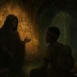 A mysterious woman guiding a young traveler through a sacred cave filled with ancient carvings in Arochukwu.