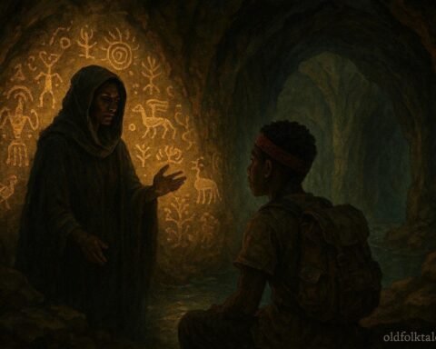 A mysterious woman guiding a young traveler through a sacred cave filled with ancient carvings in Arochukwu.