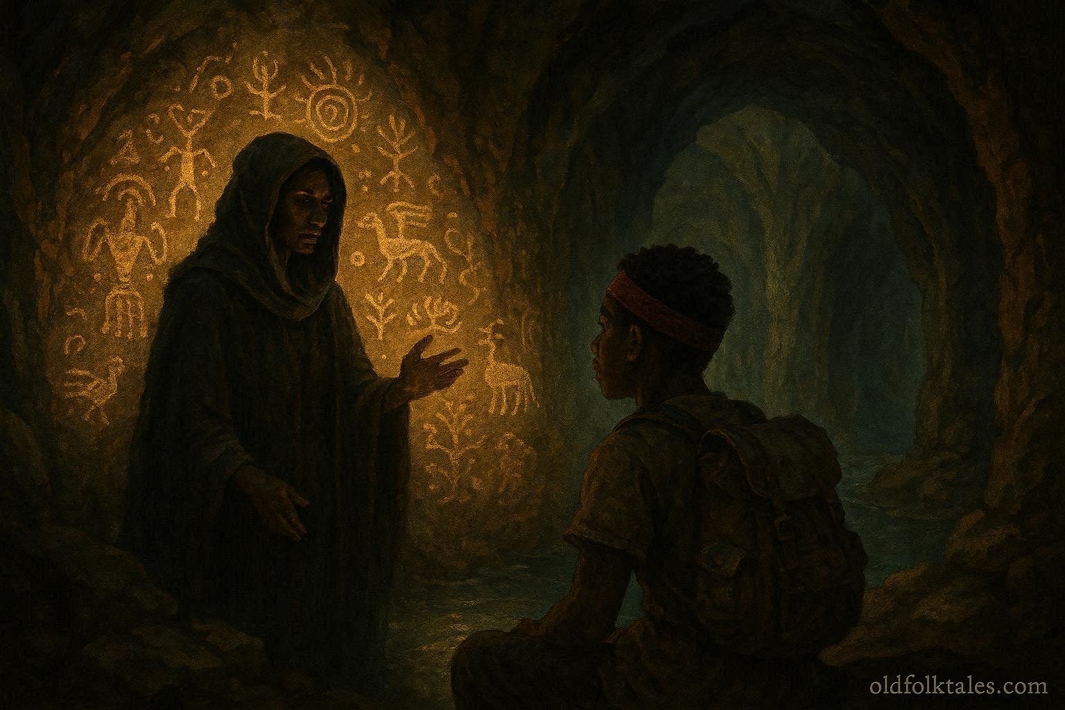 A mysterious woman guiding a young traveler through a sacred cave filled with ancient carvings in Arochukwu.