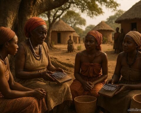 Mbundu women playing traditional kissange thumb pianos while teaching songs and cultural history in an Angolan village.