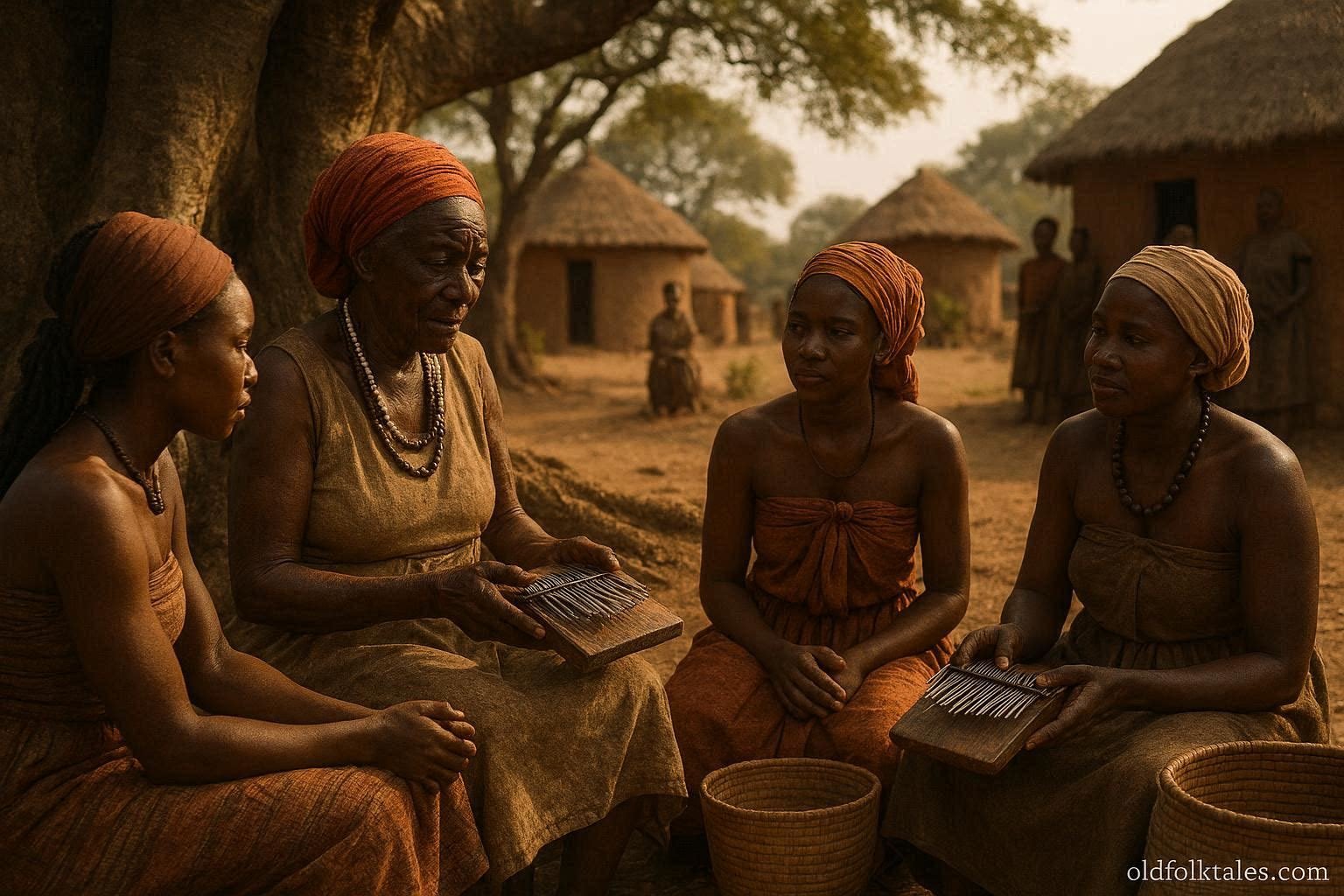 Mbundu women playing traditional kissange thumb pianos while teaching songs and cultural history in an Angolan village.