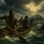 Benga sailors crossing rough ocean waters toward Elobey Island in a courageous maritime journey.