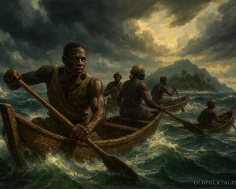 Benga sailors crossing rough ocean waters toward Elobey Island in a courageous maritime journey.