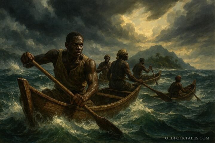 Benga sailors crossing rough ocean waters toward Elobey Island in a courageous maritime journey.