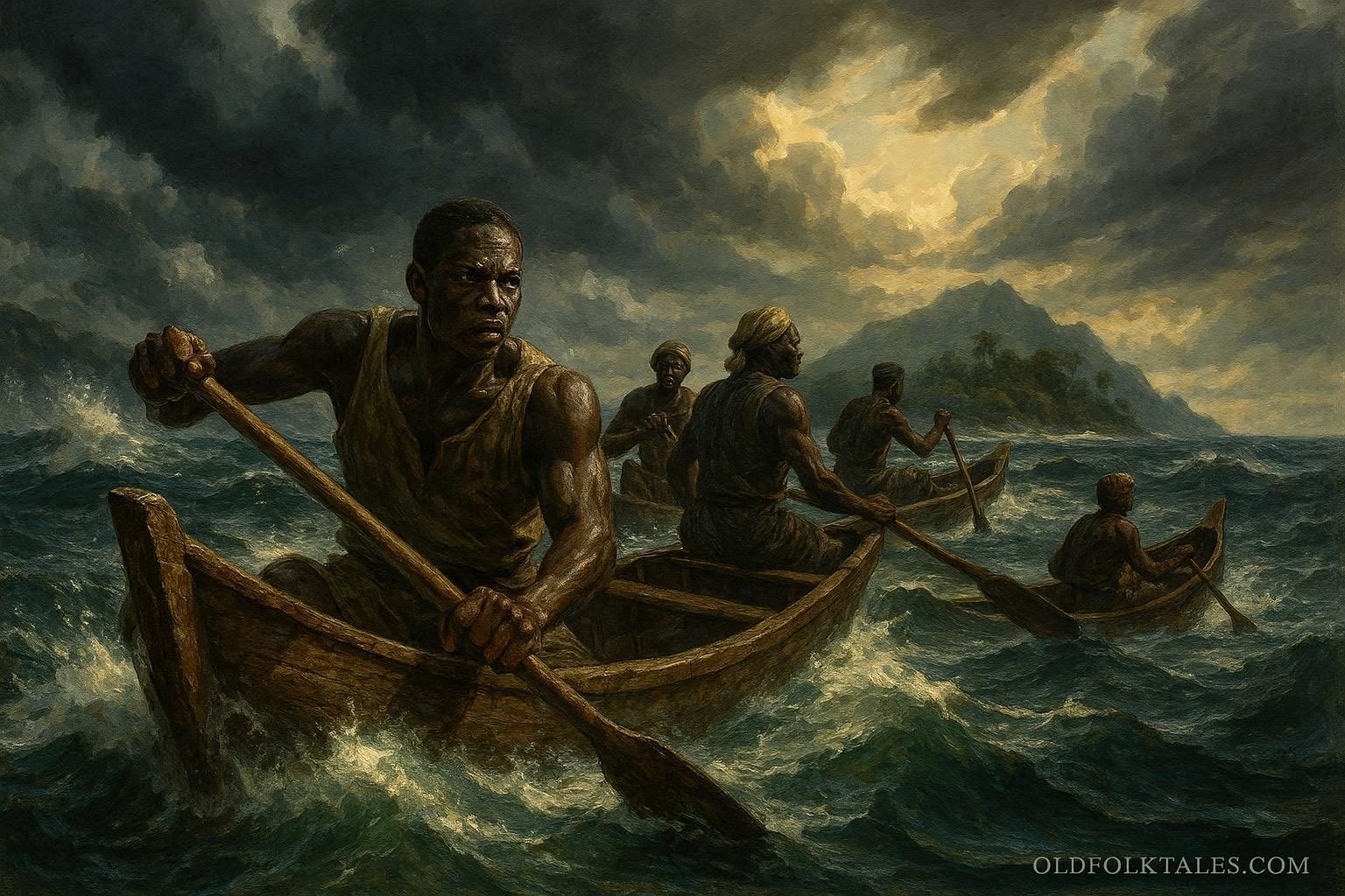 Benga sailors crossing rough ocean waters toward Elobey Island in a courageous maritime journey.